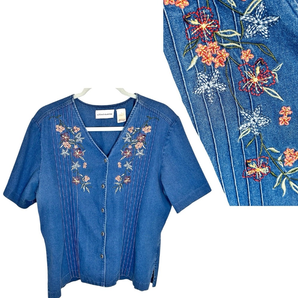 Alfred Dunner Denim Top 16 Large Embroidered‎ Beaded Floral Cottage Western VTG